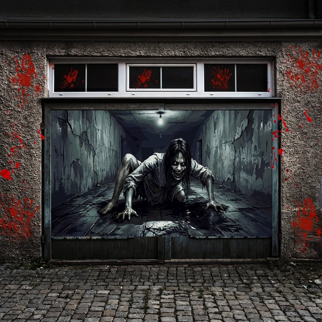 Alt view image 4 of 7 - 6 x 13 ft Halloween Garage Door Cover Decoration Scary Female Ghost Bloody Eyes Garage Door Covers Large Scary Backdrop Decorations for Halloween Outdoor Holiday Party Decor