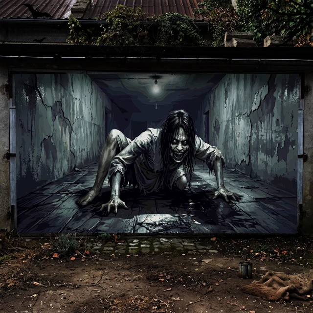 Alt view image 5 of 7 - 6 x 13 ft Halloween Garage Door Cover Decoration Scary Female Ghost Bloody Eyes Garage Door Covers Large Scary Backdrop Decorations for Halloween Outdoor Holiday Party Decor