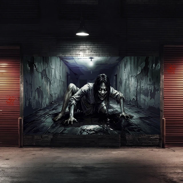 Alt view image 7 of 7 - 6 x 13 ft Halloween Garage Door Cover Decoration Scary Female Ghost Bloody Eyes Garage Door Covers Large Scary Backdrop Decorations for Halloween Outdoor Holiday Party Decor