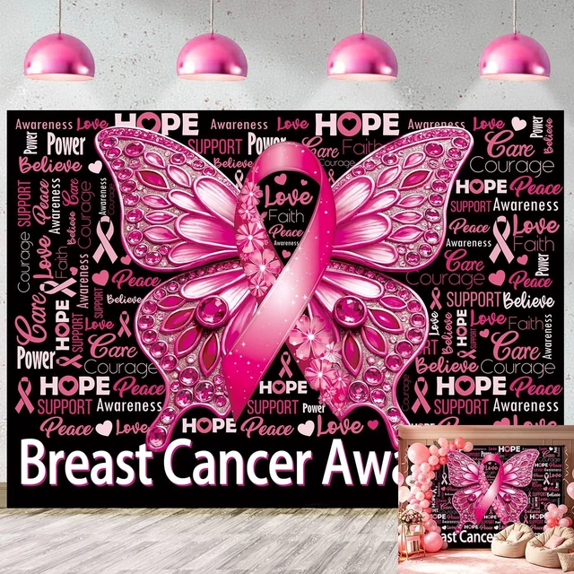 Main image of Breast Cancer Awareness Backdrop October Pink Ribbon Butterfly Background 8x6ft Love Hope Faith Strength Banner, Breast Cancer Charity Activities Party Decorations