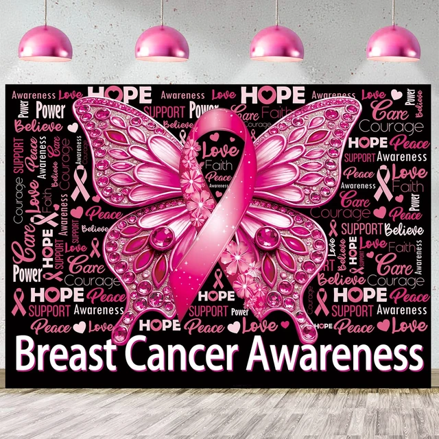 Alt view image 3 of 7 - Breast Cancer Awareness Backdrop October Pink Ribbon Butterfly Background 8x6ft Love Hope Faith Strength Banner, Breast Cancer Charity Activities Party Decorations