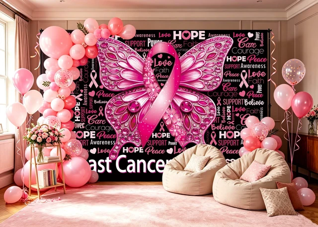 Alt view image 4 of 7 - Breast Cancer Awareness Backdrop October Pink Ribbon Butterfly Background 8x6ft Love Hope Faith Strength Banner, Breast Cancer Charity Activities Party Decorations
