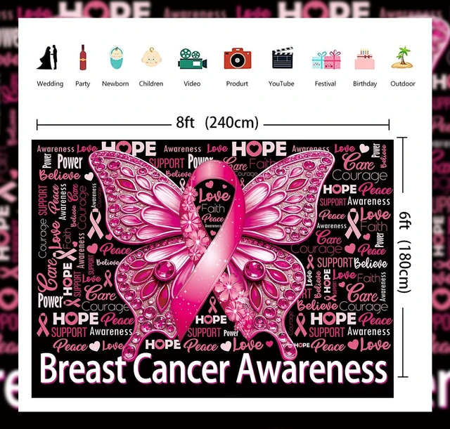 Alt view image 6 of 7 - Breast Cancer Awareness Backdrop October Pink Ribbon Butterfly Background 8x6ft Love Hope Faith Strength Banner, Breast Cancer Charity Activities Party Decorations