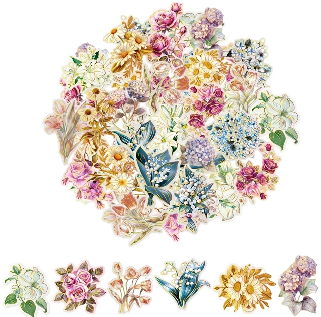 Main image of 120Pcs PET Flower Stickers, 6 Designs Gold Foil Stickers, 10 Patterns Each x 2 pcs, Die-Cut Aesthetic Floral Stickers for Scrapbooking Journal Diary Water Bottle Laptop DIY Decoration