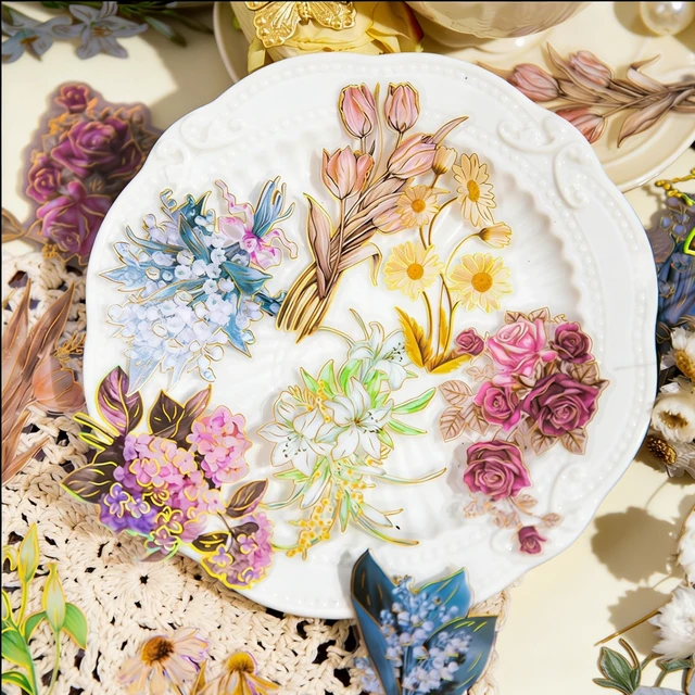 Alt view image 2 of 7 - 120Pcs PET Flower Stickers, 6 Designs Gold Foil Stickers, 10 Patterns Each x 2 pcs, Die-Cut Aesthetic Floral Stickers for Scrapbooking Journal Diary Water Bottle Laptop DIY Decoration