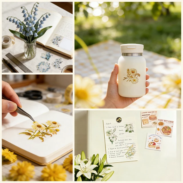 Alt view image 4 of 7 - 120Pcs PET Flower Stickers, 6 Designs Gold Foil Stickers, 10 Patterns Each x 2 pcs, Die-Cut Aesthetic Floral Stickers for Scrapbooking Journal Diary Water Bottle Laptop DIY Decoration