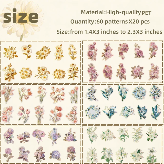 Alt view image 3 of 7 - 120Pcs PET Flower Stickers, 6 Designs Gold Foil Stickers, 10 Patterns Each x 2 pcs, Die-Cut Aesthetic Floral Stickers for Scrapbooking Journal Diary Water Bottle Laptop DIY Decoration
