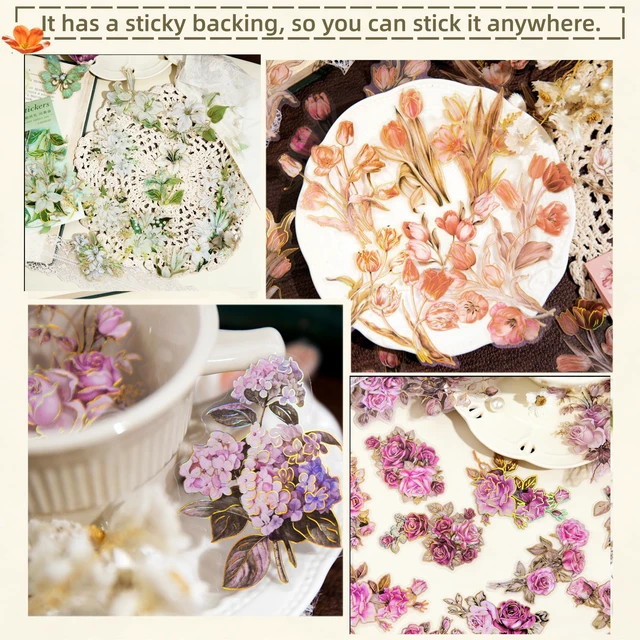 Alt view image 6 of 7 - 120Pcs PET Flower Stickers, 6 Designs Gold Foil Stickers, 10 Patterns Each x 2 pcs, Die-Cut Aesthetic Floral Stickers for Scrapbooking Journal Diary Water Bottle Laptop DIY Decoration