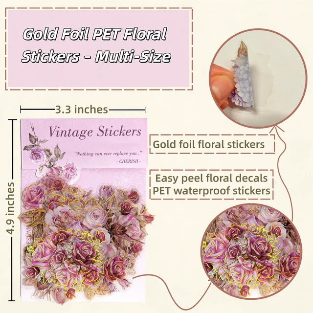 Alt view image 5 of 7 - 120Pcs PET Flower Stickers, 6 Designs Gold Foil Stickers, 10 Patterns Each x 2 pcs, Die-Cut Aesthetic Floral Stickers for Scrapbooking Journal Diary Water Bottle Laptop DIY Decoration
