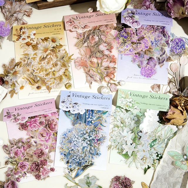 Alt view image 7 of 7 - 120Pcs PET Flower Stickers, 6 Designs Gold Foil Stickers, 10 Patterns Each x 2 pcs, Die-Cut Aesthetic Floral Stickers for Scrapbooking Journal Diary Water Bottle Laptop DIY Decoration