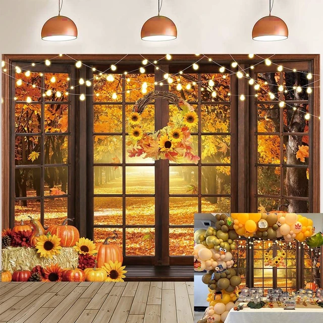Main image of Fall Window Backdrop Autumn Scenery Forest Wooden Window Pumpkin Maple Leaves Harvest Photography Background Thanksgiving Friendsgiving Family Birthday Party Decorations Banner Photo Props (8x6FT)
