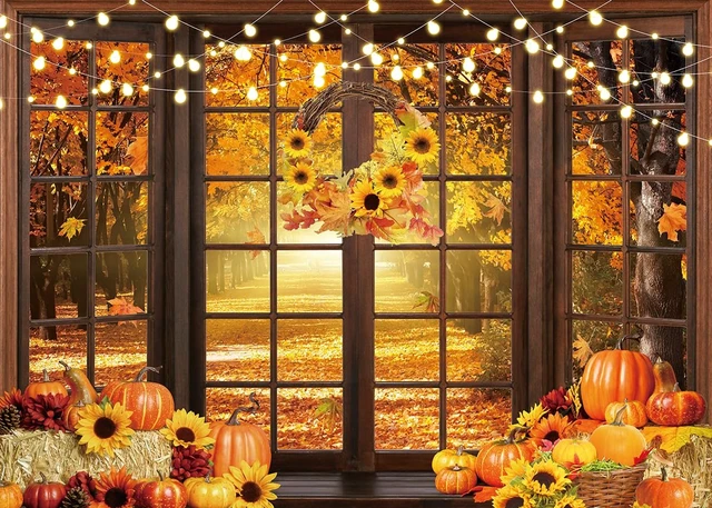Alt view image 2 of 7 - Fall Window Backdrop Autumn Scenery Forest Wooden Window Pumpkin Maple Leaves Harvest Photography Background Thanksgiving Friendsgiving Family Birthday Party Decorations Banner Photo Props (8x6FT)