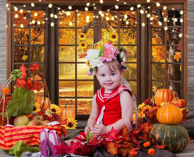 Alt view image 6 of 7 - Fall Window Backdrop Autumn Scenery Forest Wooden Window Pumpkin Maple Leaves Harvest Photography Background Thanksgiving Friendsgiving Family Birthday Party Decorations Banner Photo Props (8x6FT)
