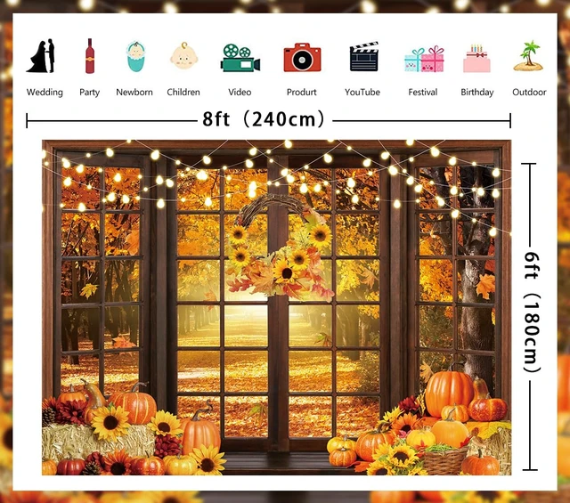 Alt view image 7 of 7 - Fall Window Backdrop Autumn Scenery Forest Wooden Window Pumpkin Maple Leaves Harvest Photography Background Thanksgiving Friendsgiving Family Birthday Party Decorations Banner Photo Props (8x6FT)
