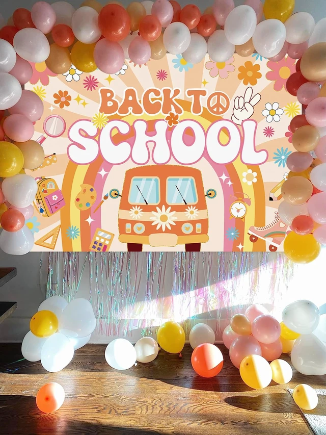 Alt view image 3 of 7 - Groovy Back to School Backdrop Boho First Day of School Banner Background Retro Welcome Back to School Bulletin Board Kindergarten Classroom Party Decorations Photo Props (8x6FT)