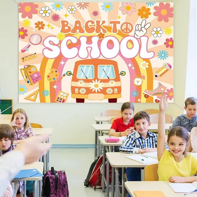 Alt view image 4 of 7 - Groovy Back to School Backdrop Boho First Day of School Banner Background Retro Welcome Back to School Bulletin Board Kindergarten Classroom Party Decorations Photo Props (8x6FT)