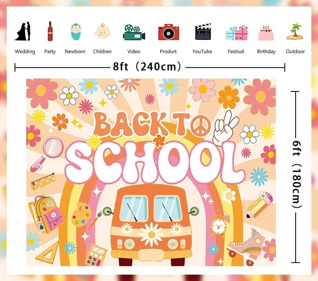 Alt view image 7 of 7 - Groovy Back to School Backdrop Boho First Day of School Banner Background Retro Welcome Back to School Bulletin Board Kindergarten Classroom Party Decorations Photo Props (8x6FT)