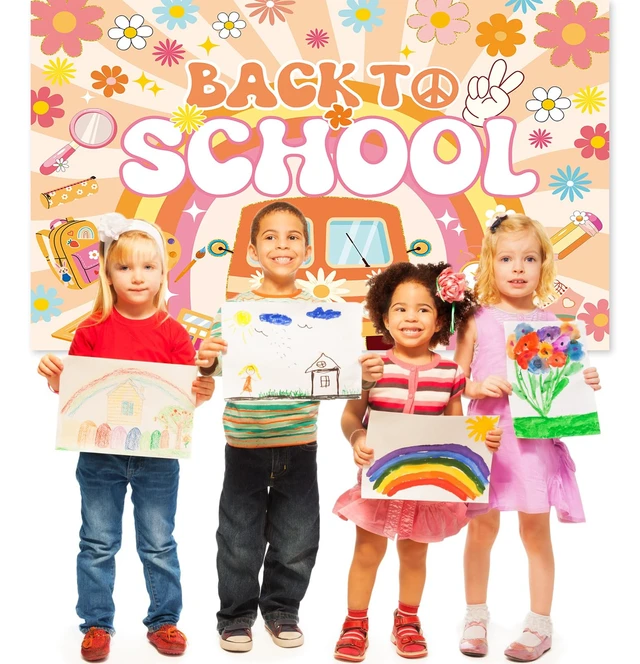 Alt view image 6 of 7 - Groovy Back to School Backdrop Boho First Day of School Banner Background Retro Welcome Back to School Bulletin Board Kindergarten Classroom Party Decorations Photo Props (8x6FT)