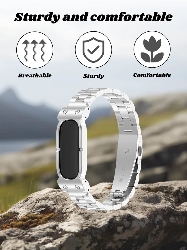 Alt view image 4 of 7 - Compatible with Google Fitbit Air Watch. Zinc alloy frame + stainless steel link band, sturdy & skin-friendly for all-day wear