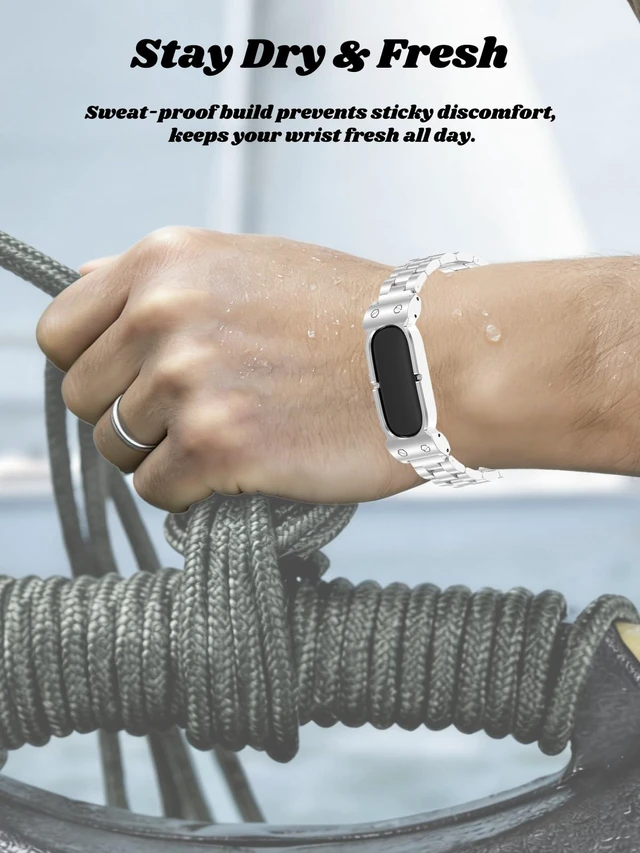 Alt view image 7 of 7 - Compatible with Google Fitbit Air Watch. Zinc alloy frame + stainless steel link band, sturdy & skin-friendly for all-day wear