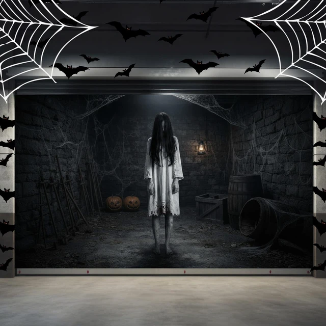 Main image of 6 x 13 ft Halloween Garage Door Cover Decoration Ghost Girl Scary Long Hair Garage Door Covers Large Halloween Decorations Outdoor Hanging Banner Spooky Party Photo Backgrounds Decor