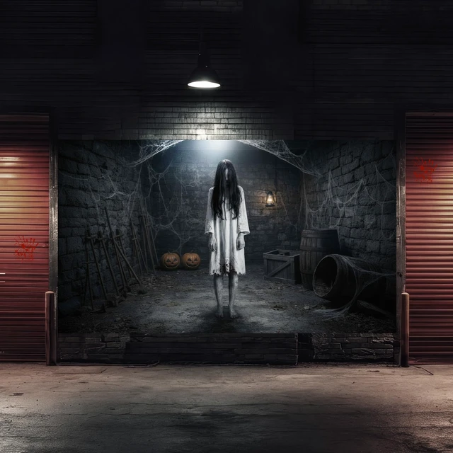 Alt view image 7 of 7 - 6 x 13 ft Halloween Garage Door Cover Decoration Ghost Girl Scary Long Hair Garage Door Covers Large Halloween Decorations Outdoor Hanging Banner Spooky Party Photo Backgrounds Decor