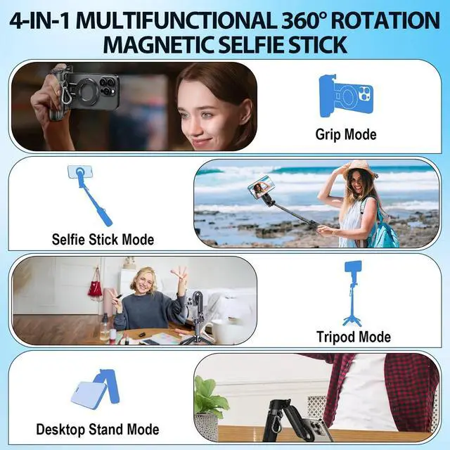 Alt view image 2 of 6 - 4-in-1 Multifunctional Magnetic Selfie Stick,360° Rotation Phone Tripod, Portable Extendable Mag Tripod,for Video Recording & Vlog,Portable Pocket Size for iPhone & Android(Black)
