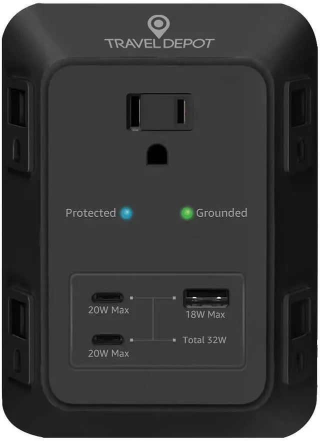 Main image of PD USB Wall Charger Surge Protector, 5 Outlet, (Black) | Extender 2 USB C & 1 USBA Charging Ports, Fast Charge 3 Sided Power Strip Multi Plug Outlets Wall Adapter for Home Office