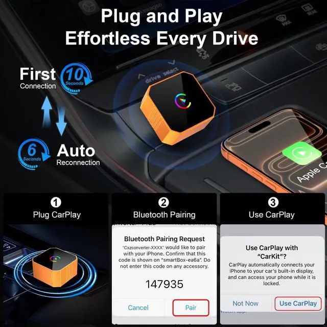 Alt view image 5 of 6 - 2026 Wireless CarPlay Adapter for iPhone & Android Wired to Wireless CarPlay & Android Auto Plug and Play Fast Auto Reconnect Stable Control Compatible for iOS 10+ & Android11+