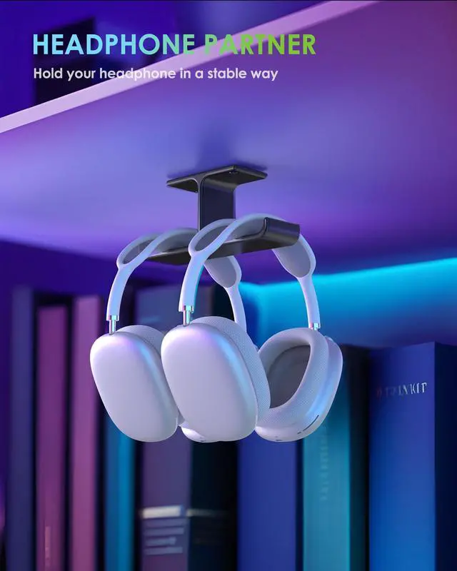 Alt view image 3 of 6 - All Aluminum Headphone Stand Under Desk, Dual Headset Holder Hanger with Industrial-Strength Adhesive & Screw Mount, Gaming Desk Accessories, Under Table Earphone Hook for PC Headsets, Bags, Black