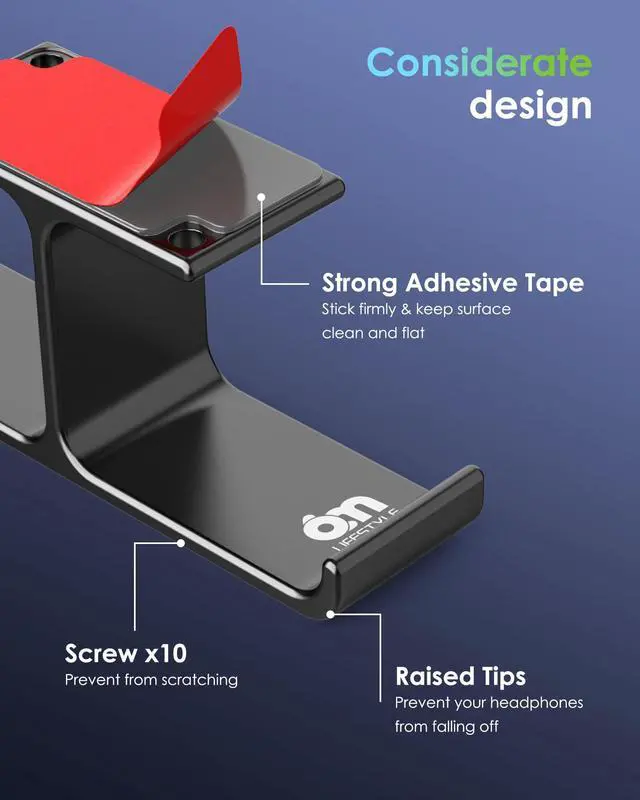 Alt view image 5 of 6 - All Aluminum Headphone Stand Under Desk, Dual Headset Holder Hanger with Industrial-Strength Adhesive & Screw Mount, Gaming Desk Accessories, Under Table Earphone Hook for PC Headsets, Bags, Black