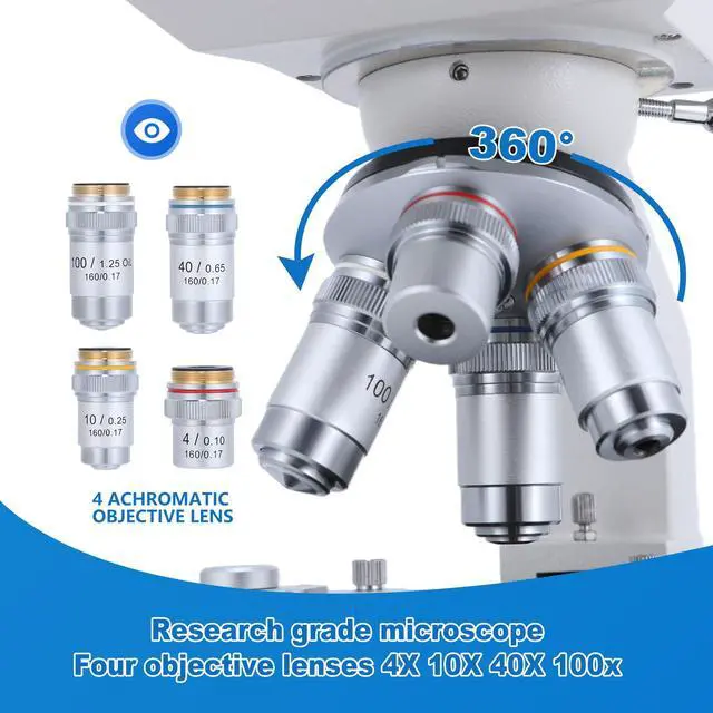 Alt view image 3 of 6 - Professional 40X-2500X Lab Binocular Compound Microscope for Clinical Research - 4 Achromatic Objectives, Double-Layer Mechanical Stage, Coaxial Focus - High-Precision LED Scope for Labs & Medicine