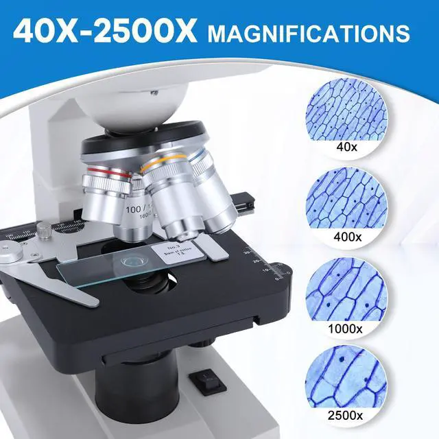 Alt view image 6 of 6 - Professional 40X-2500X Lab Binocular Compound Microscope for Clinical Research - 4 Achromatic Objectives, Double-Layer Mechanical Stage, Coaxial Focus - High-Precision LED Scope for Labs & Medicine