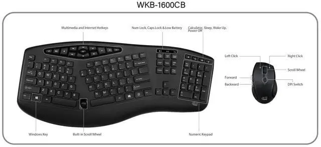 Alt view image 6 of 6 - WKB-1600CB TruForm Wireless Ergonomic Keyboard & Optical Mouse Combo | Media, Split Design, Adjustable DPI, 24 GHz RF Technology, Multimedia Hotkeys