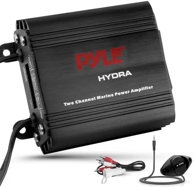Main image of 2-Channel Marine Amplifier Receiver - Waterproof and Weatherproof Audio Subwoofer for Boat Stereo Speaker & Other Watercraft - 400 Watt Power, Wired RCA, AUX and MP3 Audio Input Cable