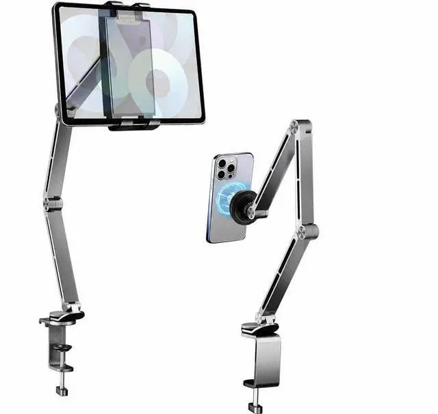 Main image of Magnetic Heavy Duty Metal Phone/Tablet Holder for Bed Adjustable Foldable Stand for Desk Aluminum Universal Lazy Bracket 360° Rotation Flexible Long Arm (Grey, Magnetic)