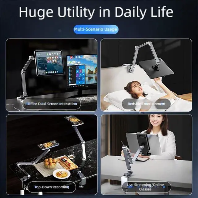 Alt view image 4 of 6 - Magnetic Heavy Duty Metal Phone/Tablet Holder for Bed Adjustable Foldable Stand for Desk Aluminum Universal Lazy Bracket 360° Rotation Flexible Long Arm (Grey, Magnetic)