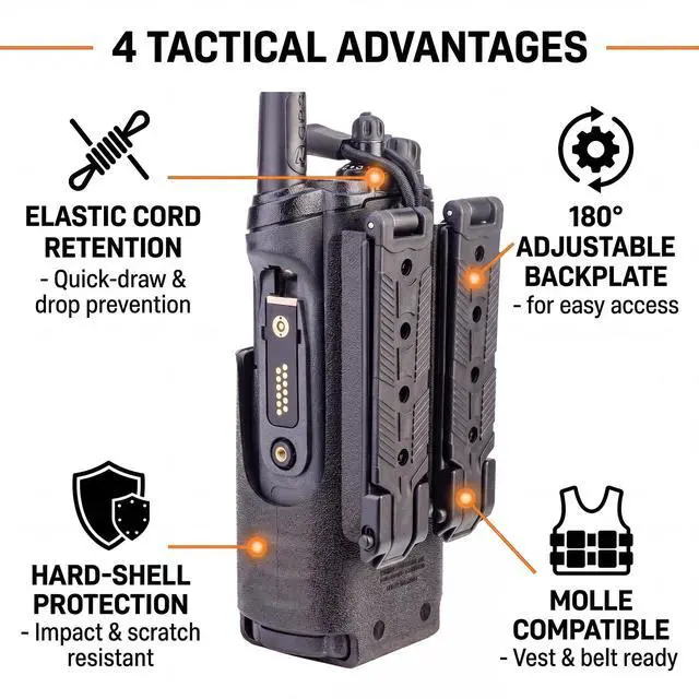 Alt view image 3 of 6 - Tactical Radio Holster for Motorola APX 6000 / APX 8000 - Hard Shell Radio Holder with Elastic Cord Retention, MOLLE Compatible Radio Pouch for Law Enforcement, Security & Tactical Use etc