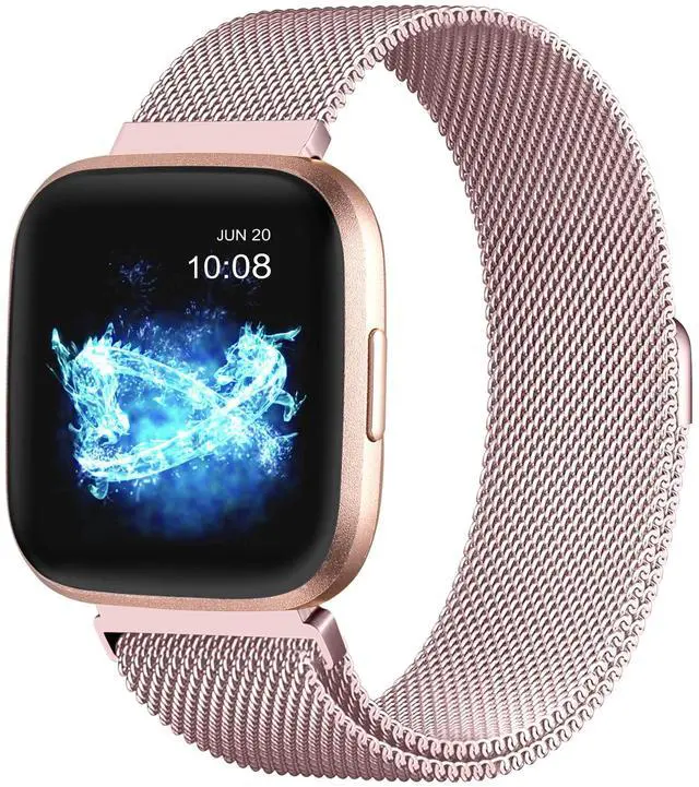 Main image of Compatible with Fitbit Versa and Versa 2 Bands for Women Men, Rose Gold Stainless Steel Metal Mesh Magnetic Band Bracelet Strap Replacement for Fitbit Versa/Versa Lite SE, Large