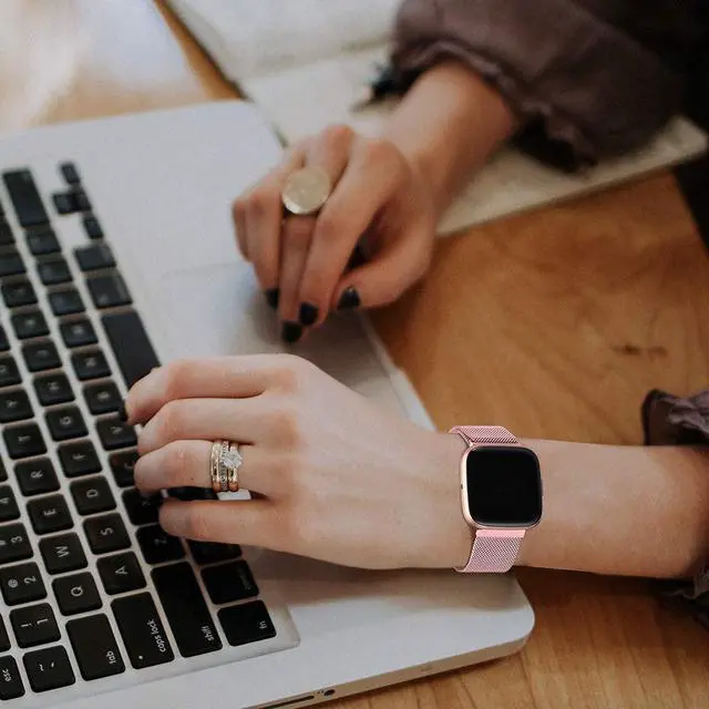 Alt view image 4 of 6 - Compatible with Fitbit Versa and Versa 2 Bands for Women Men, Rose Gold Stainless Steel Metal Mesh Magnetic Band Bracelet Strap Replacement for Fitbit Versa/Versa Lite SE, Large