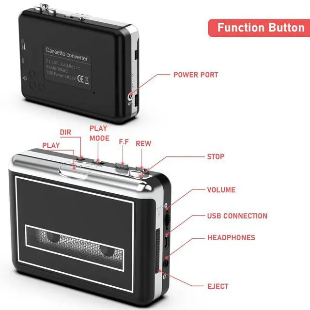 Alt view image 6 of 6 - Cassette Player - Compact Tape Player Portable Recorder with Earphone-Convert Audio Music Cassette to MP3 Digital, Compatible with Laptop/PC/MAC- for Entertainment, Travel, Light Sports(Black)