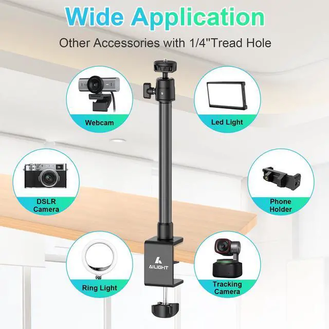 Alt view image 6 of 6 - Adjustable Desk Camera Mount & Webcam Stand 10.8"-31.1" | 1/4" Screw, C-Clamp Base, Overhead Tripod, Compatible with DSLR Logitech Obsbot insta360 Anker and Others