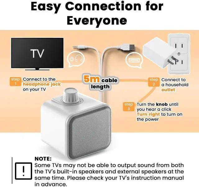 Alt view image 5 of 6 - Wired Speakers for TV No Delay, Mini Clear Voice TV Speaker Wired | 5M Long Cord, Personal Speaker with Headphone Jack, Easy Operation, TV Speakers for Hard of Hearing and Seniors