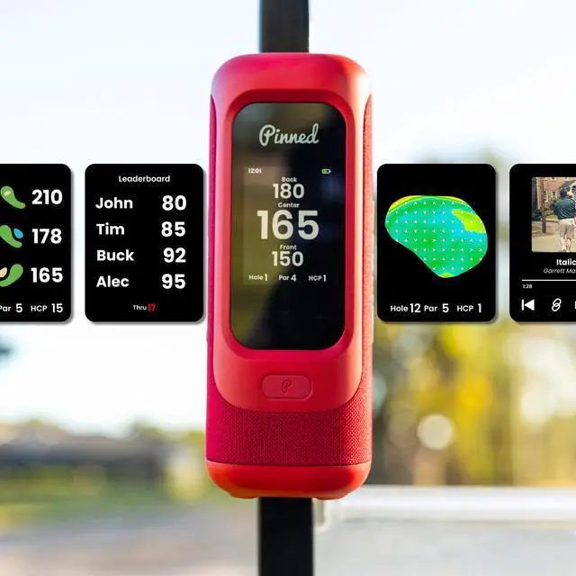 Alt view image 3 of 6 - Pinned Sound Stick PRO Smart GPS Golf Speaker - IPX7 Waterproof - Pink | Touch screen, magnetic golf cart & outdoor Bluetooth speaker, 10+ hour battery life, multi speaker pairing, golf gift for men
