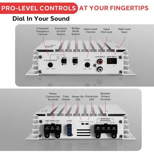 Alt view image 4 of 6 - Hydra Marine Amplifier Upgraded Elite Series 400 Watt 2 Channel Bridgeable Audio Amplifier- Waterproof, Dual MOSFET Power Supply, GAIN Level Controls, RCA Stereo Input & LED Indicator - PLMRA200