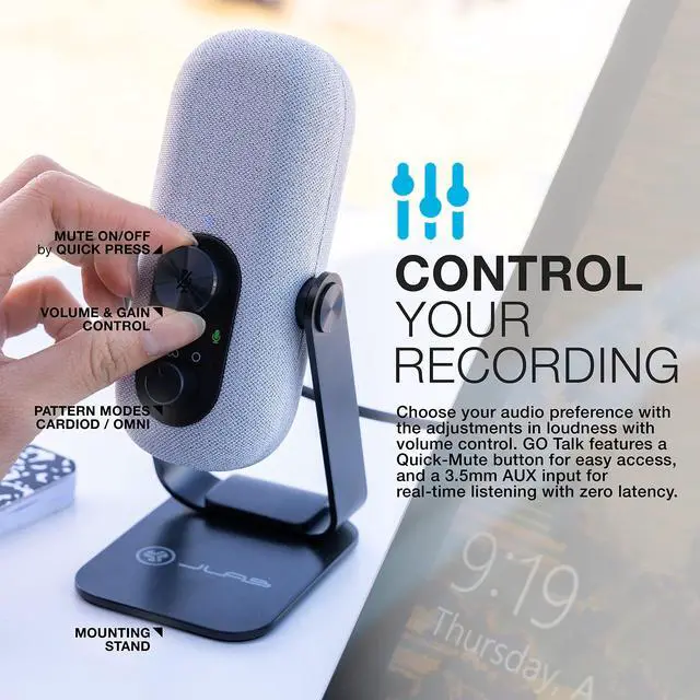 Alt view image 4 of 5 - Go Talk USB-C Microphone with Cardioid and omnidirectional Modes, Volume Control, Mute, 3.5mm aux, Plug and Play, White