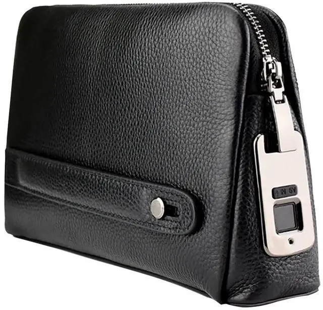 Main image of Fingerprint Lock Leather Handbag,Anti Theft Waterproof Genuine Leather Clutch Bag Wallet for Man Woman (Black)
