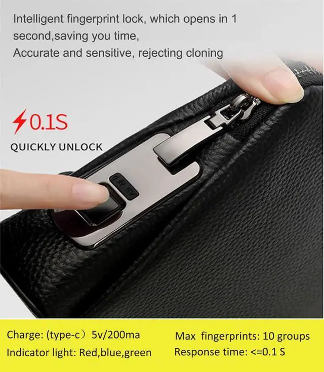 Alt view image 3 of 6 - Fingerprint Lock Leather Handbag,Anti Theft Waterproof Genuine Leather Clutch Bag Wallet for Man Woman (Black)