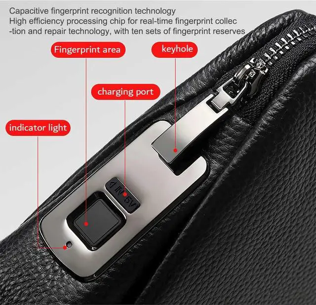Alt view image 4 of 6 - Fingerprint Lock Leather Handbag,Anti Theft Waterproof Genuine Leather Clutch Bag Wallet for Man Woman (Black)