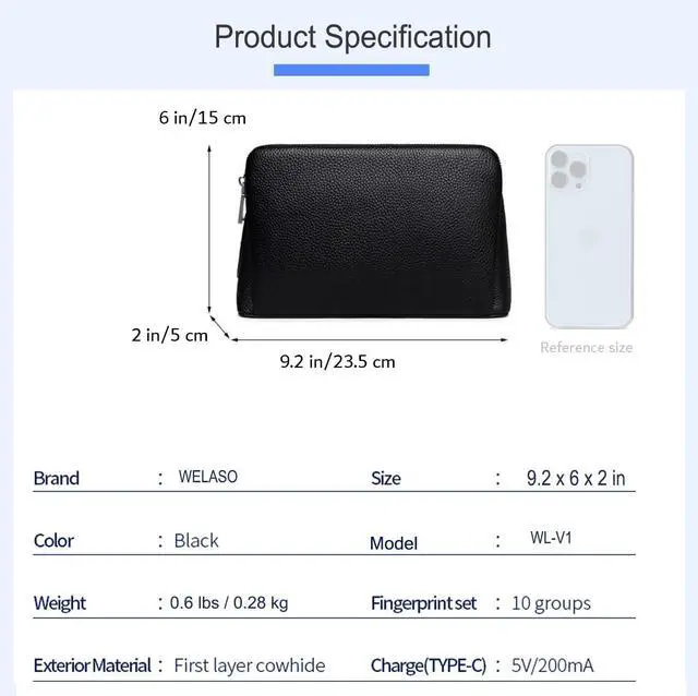Alt view image 5 of 6 - Fingerprint Lock Leather Handbag,Anti Theft Waterproof Genuine Leather Clutch Bag Wallet for Man Woman (Black)